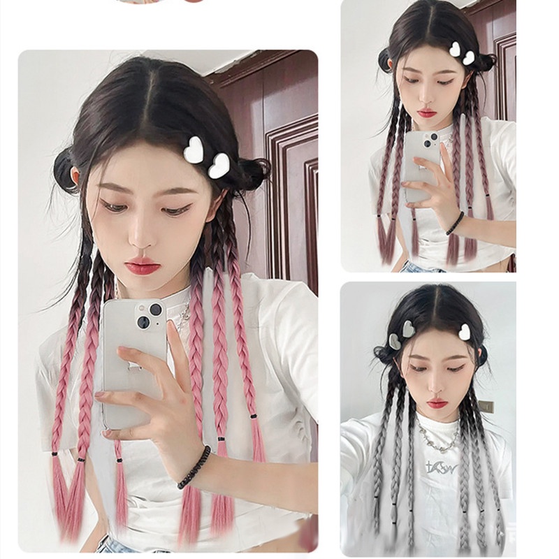 [COD Tangding]ins Gradasi Warna Tinju Kepang Wig Gadis Keren Y2K Tali Rambut Ponytail Twist Wig Aksesoris Rambut