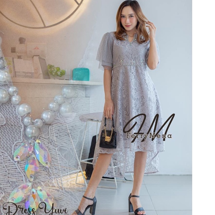 BISA COD  Dress Yuvi dress brokat payet mix tulle dot dress wanita dress natal dress gereja dress ko
