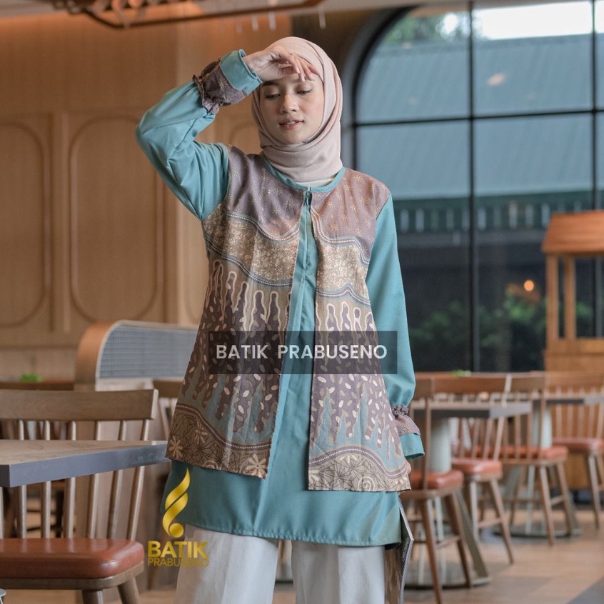 ERISA TOSCA Tunik Batik Wanita PRABUSENO Modern Asli Lengan Panjang Katun Halus Seragam Kerja Kantor