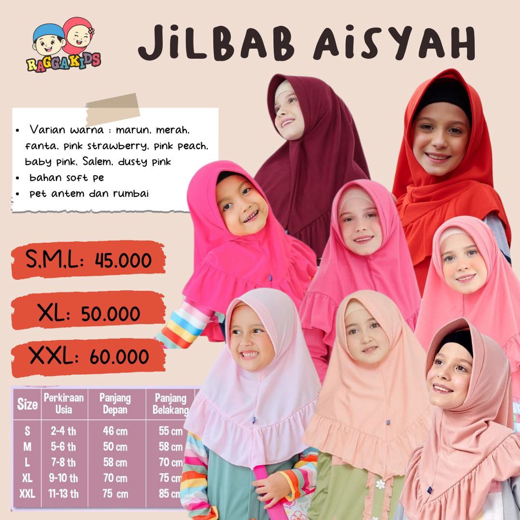 Jilbab instant Raggakids | Jilbab Aisyah Raggakids Pink Merah Dusty Fanta Salem