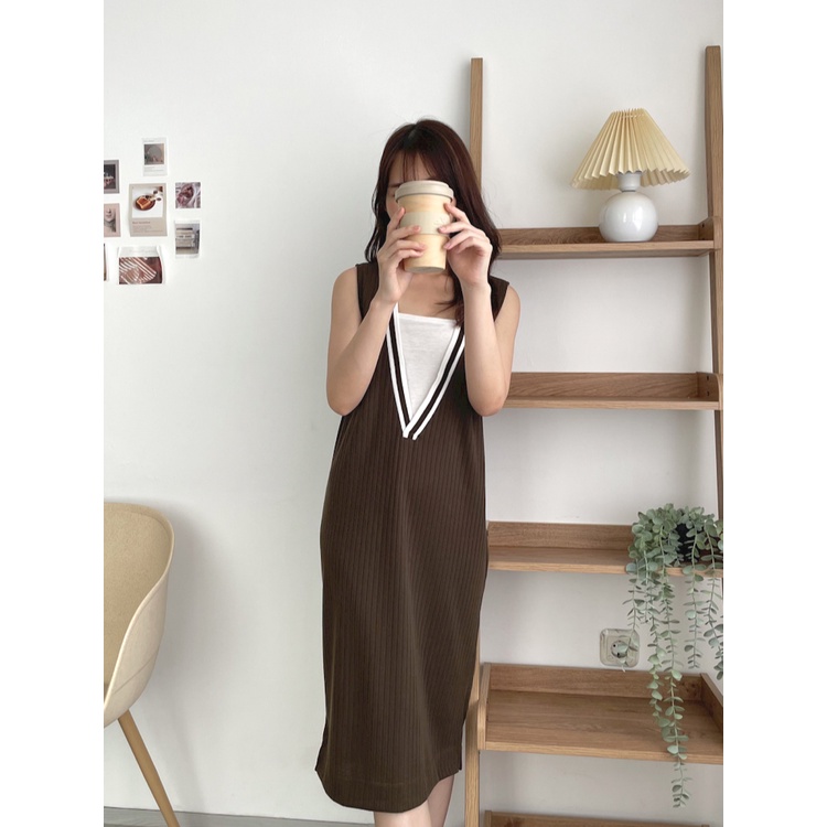 Kadaka D-0198 Dress Wanita Dropneedle Knit Detail List VNeck Free Kemben