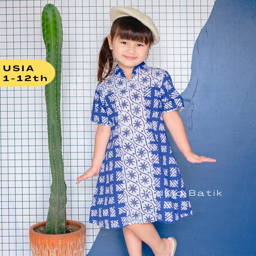 Dress Batik Anak Perempuan Baju Anak Cewek Dress Kombinasi Kekinian Biru 1-13 tahun Kode DN8