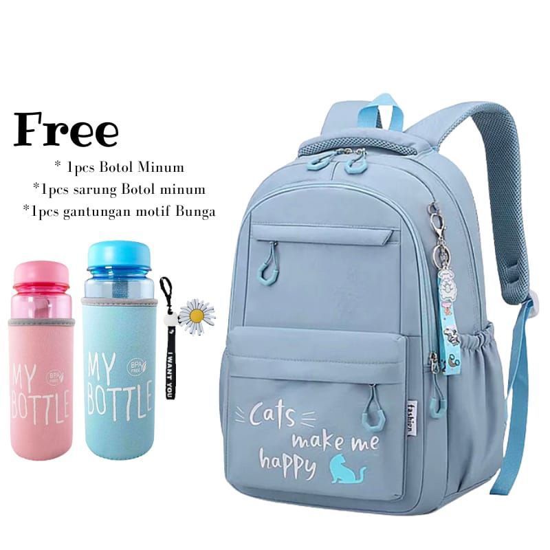 Ransel Wanita Terbaru Backpack Korea Tas Sekolah Remaja Cats Happy Free Botol Nicee STYLE Anak Remaja