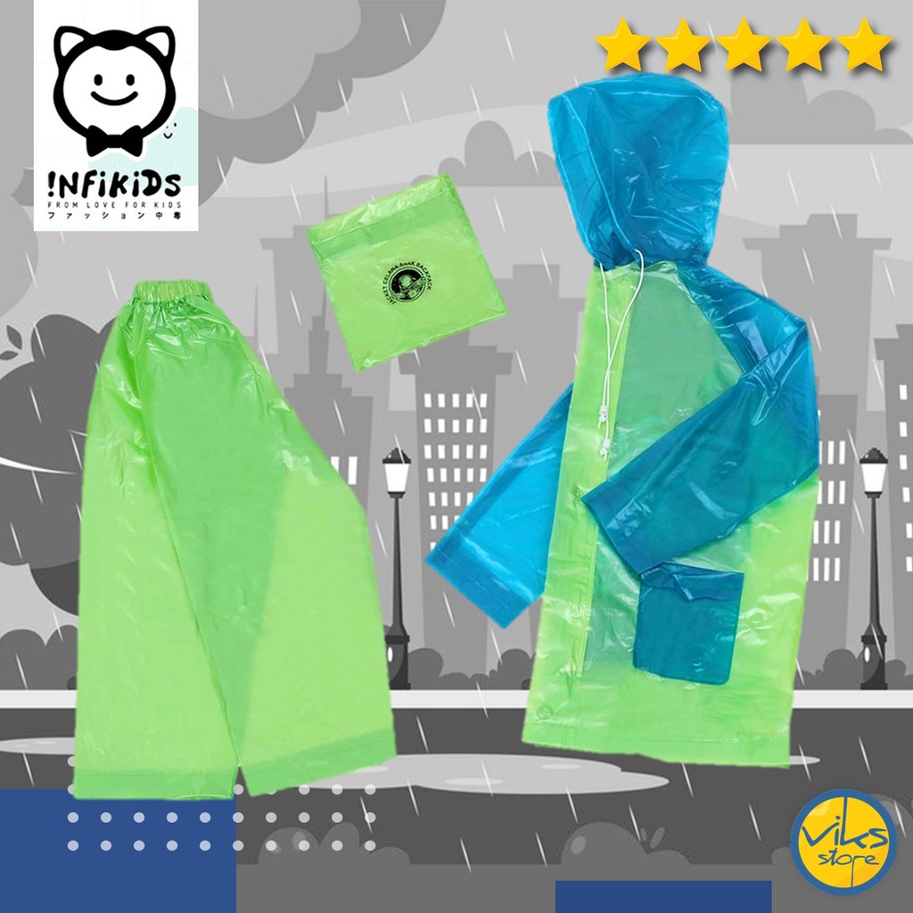 Jas Hujan Anak Kecil 6 - 12 Tahun Infikids Stelan Anti Air Kuat Anti Tembus Bahan PVC Karet Untuk Sekolah SD SMP Sepedah Bermain Motor Mantel Hujan