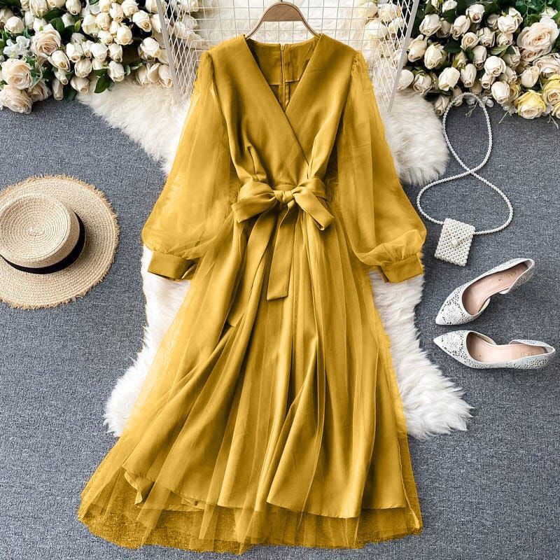 midi long dress party dress korea yellow putih