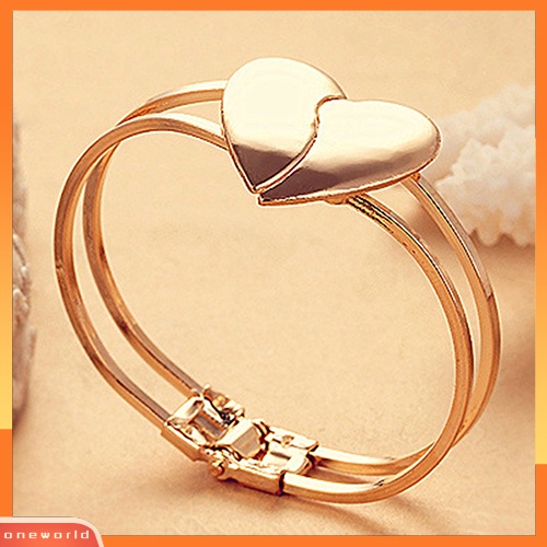 [ONE] Fashion Wanita Berlapis Emas Cuff Bangle Pasangan Cinta Hati Charms Gelang Perhiasan