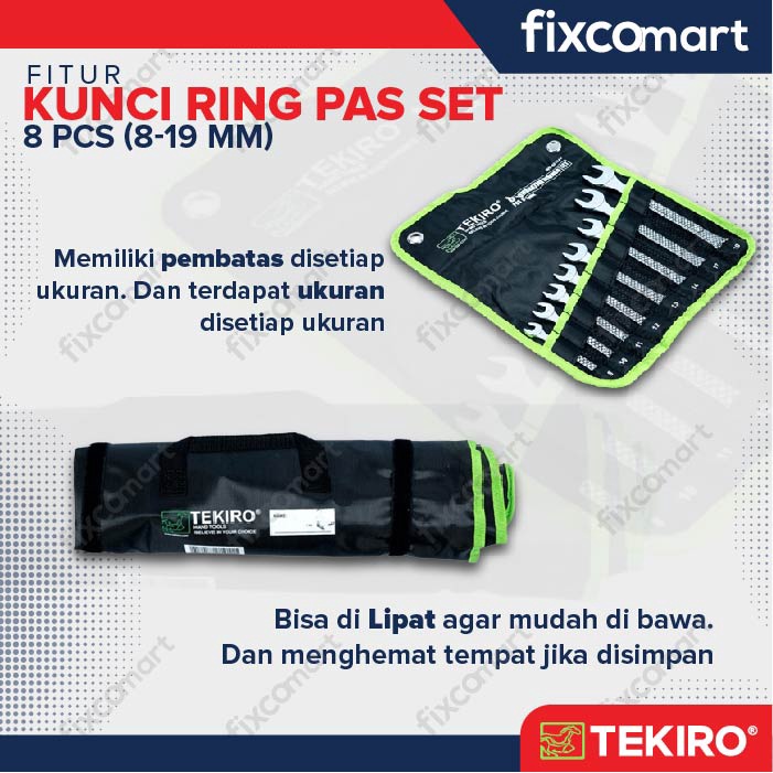 Tekiro Combination Wrench Set / Kunci Ring Pas Set 8 Pcs (8-19 Mm)