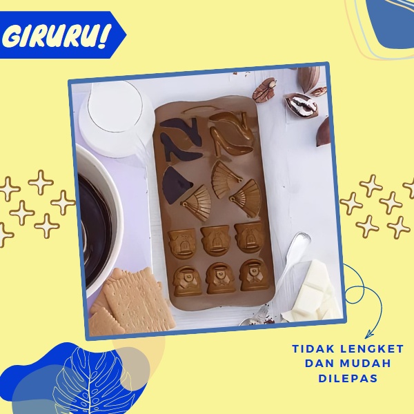 Cetakan Coklat Berbahan Silikon / Cetakan Coklat 14 lubang Silicone Baking Molds Chocolate / Cetakan Silikon Jelly Baking Mold / Cetakan Coklat Sepatu Tas Kipas Wanita 14 Grid
