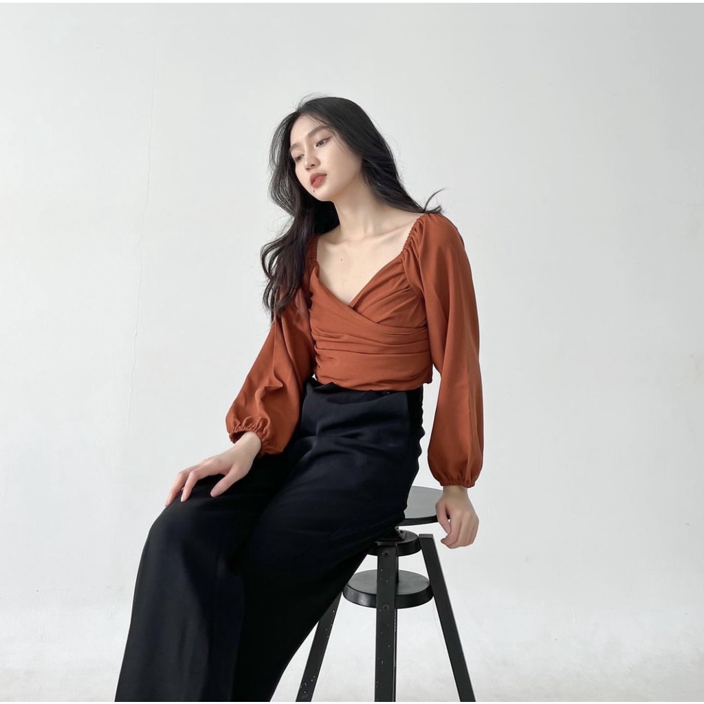 ELEANOR LONGSLEEVE TOP BLOUSE WANITA PREMIUM KOREA - KEMEJA PESTA - KEMEJA KANTOR WANITA - TOP BASIC MEWAH V-NECK - ATASAN UNTUK KONDANGAN - TOP SEXY WARNA PASTEL - ATASAN MUSLIM - THR LEBARAN - HADIAH / KADO ULTAH UNTUK CEWEK