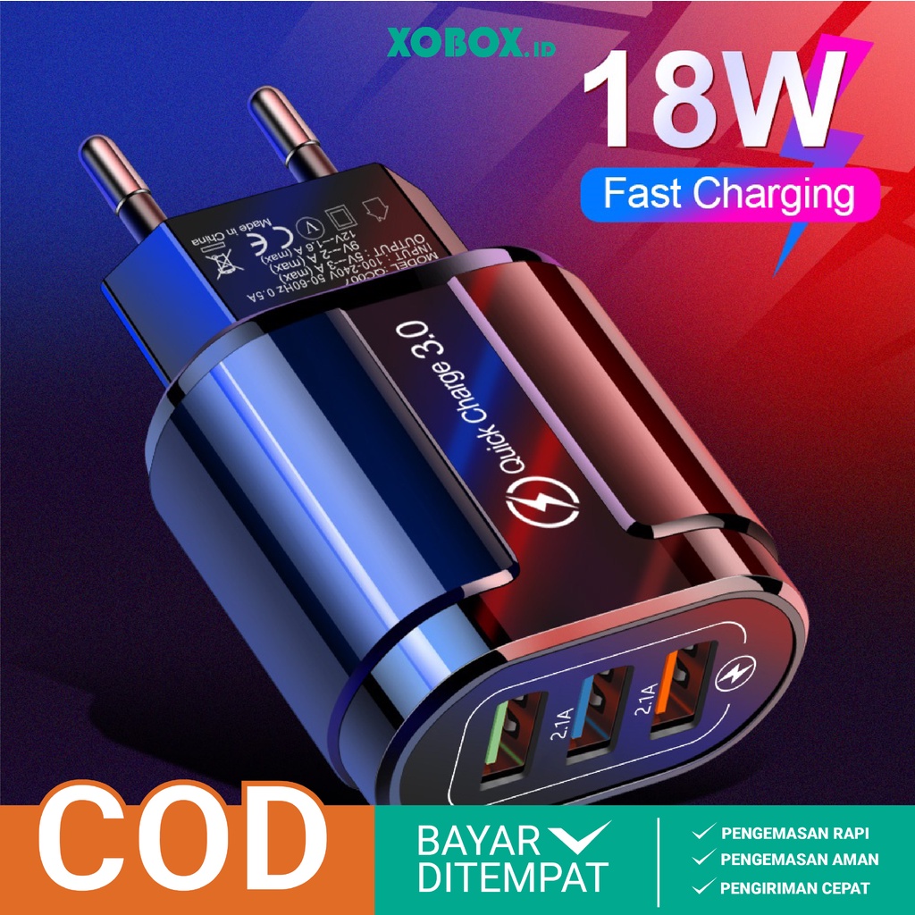 Charger Original 3 USB Port Charger QC3.0 Adaptor Power Oval 2.1A Casan 3 USB port black AH059 - XOBOX