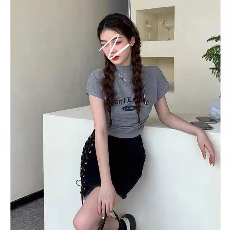 ☞✖✿Suhao Tren Fashion Berleher Tinggi Lengan Pendek T-shirt Wanita Musim Panas 2022 Gaya Bm Baru Slim Slim Pendek Panas gadis Top