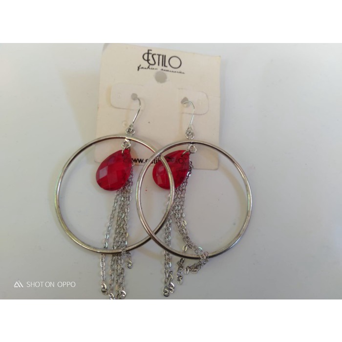 Anting Cantol Silver Bulat Besar Kombinasi Manik Tetes Merah