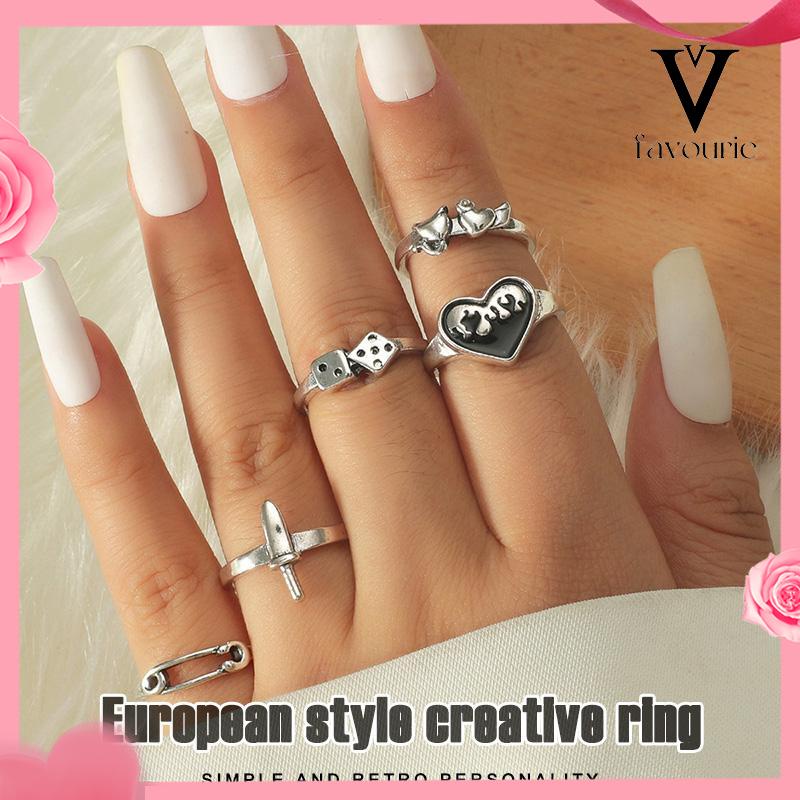 CODDomingo Ring Alloy peniti dadu love pedang retro silver cincin wanita fashion korea 5 set-FA