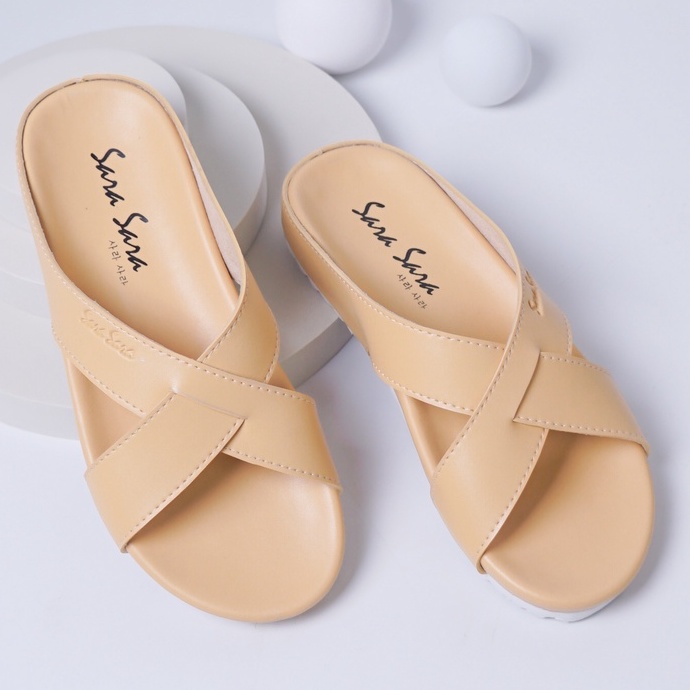 SARASARA YUK - Sandal Wanita Selop Empuk SARA SARA VIVI Sendal Cewek Wedges Platform Rumahan Hak Tinggi 2cm Model Silang 2 Size 36 37 38 39 40 Pergi Jalan Casual Santai Rumah Slop Warna Yellow Kuning Soft Premium Original Shoes ORI Mall Official Store