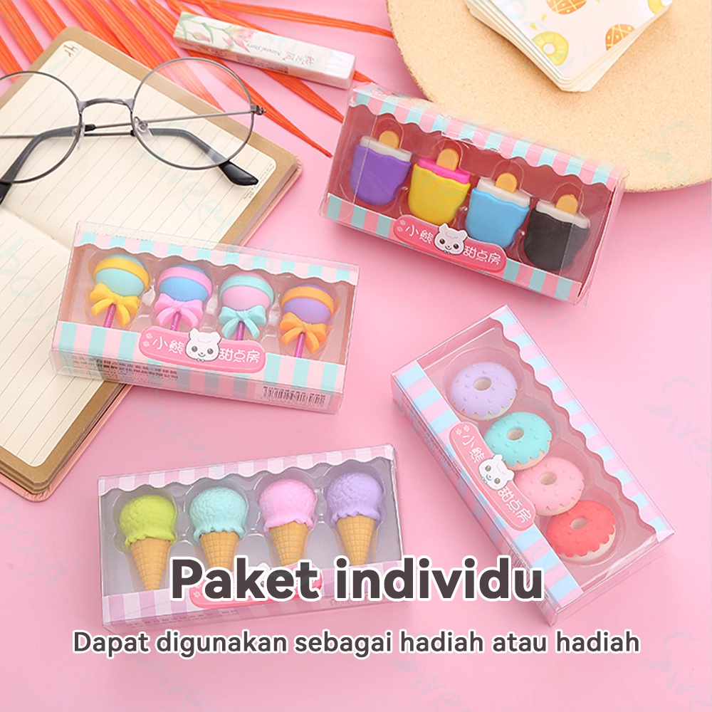 Sweetybayi 4pc Penghapus pensil hapusan eraser penghapus set lucu box mika