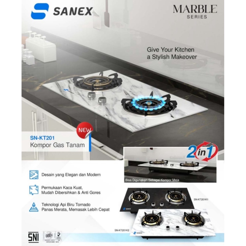 SANEX Kompor Tanam &amp; Meja Kaca 2 Tungku 2 In 1 Marble Series SN-KT201 Api Tornado Warna Hitam &amp; Putih Marmer