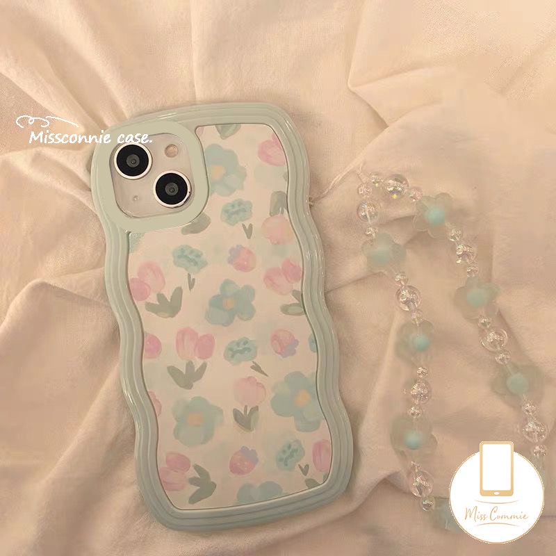 Casing Tepi Gelombang Baru Kompatibel Untuk iPhone 11 Pro MAX 7Plus 8Plus XR 6s 6 7 8 Plus 12 13 14 Pro MAX 14 Plus X XS MAX SE 2020segar Cat Air Biru Ungu Bunga Sarung Silikon Lembut