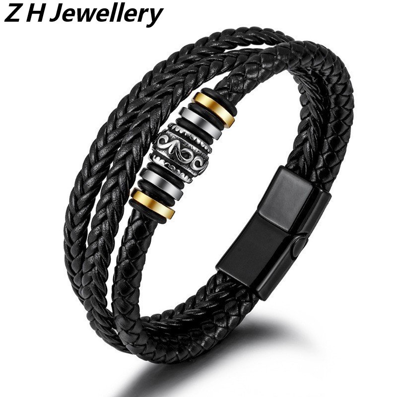 [Z H Perhiasan] Hip Hop Rock Retro Pria Fashion Multi Layer Gelang Kulit Pesta Perhiasan Aksesoris