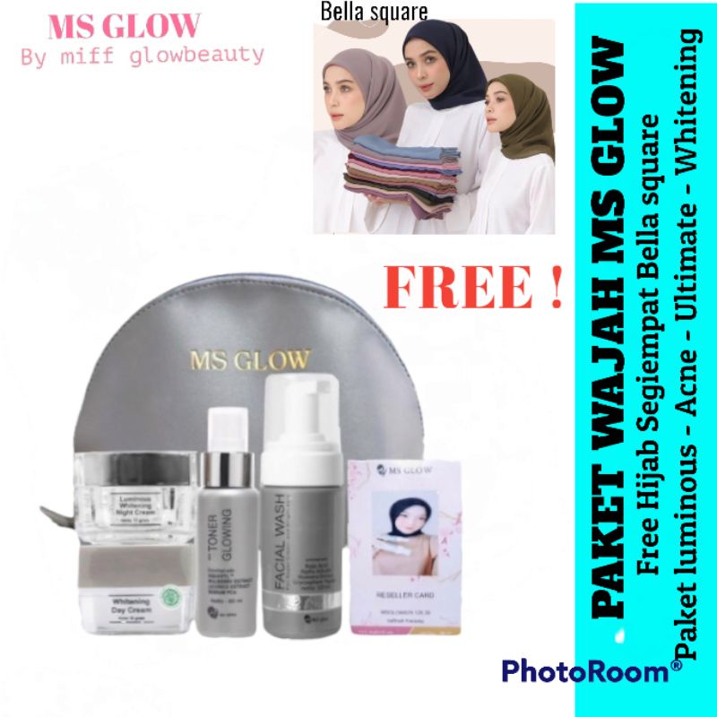 Paket wajah Ms glow Free Hijab segiempat bella square msglow pket luminous paket ultimate paket acne paket whiteming original 100%