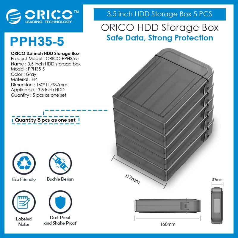 Storage case harddisk hdd protector box orico 3.5&quot; 5pcs PP eva anti shock water dust proof pph35-5 pph-35 - Hardcase hard disk drive 3.5 inch