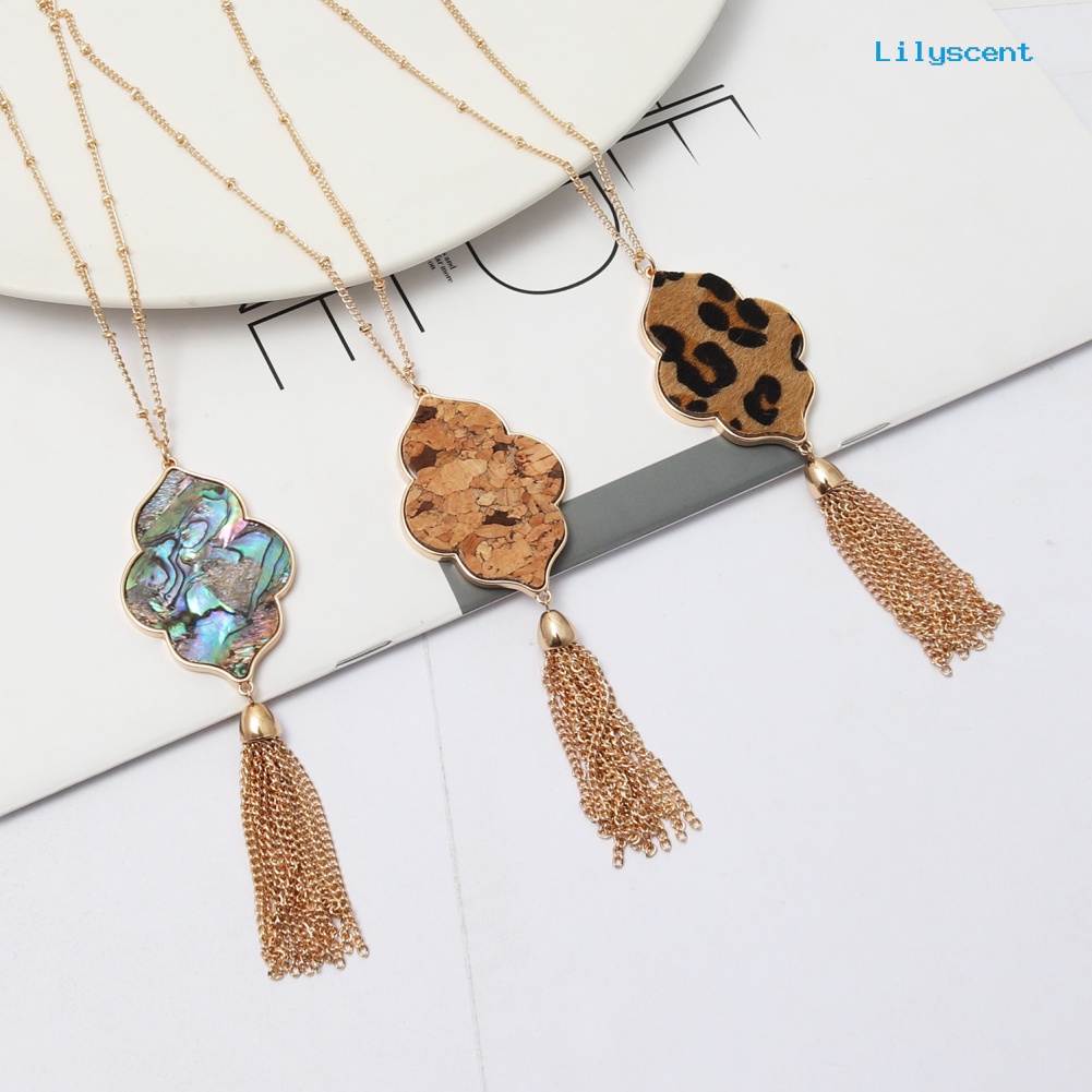 [LS] Fashion Wanita Abalone Kerang Leopard Liontin Rumbai Geometris Kalung Perhiasan