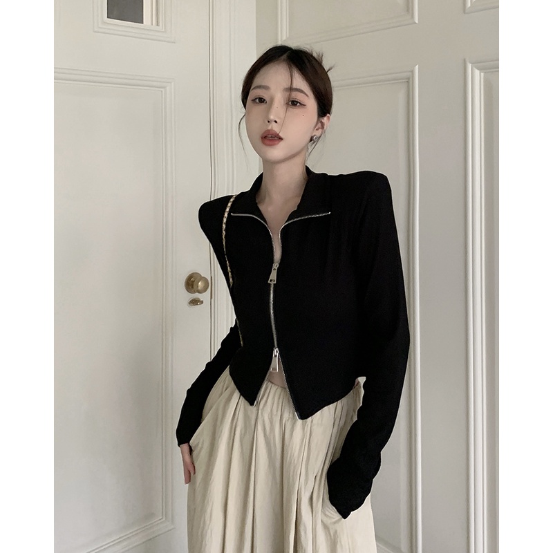 ◄✽Suhao Kerah Rajutan Cardigan Kecil Wanita Musim Gugur Pendek Hitam Hot Gadis Ritsleting Chic Slim Slim Lengan Panjang bottoming Top