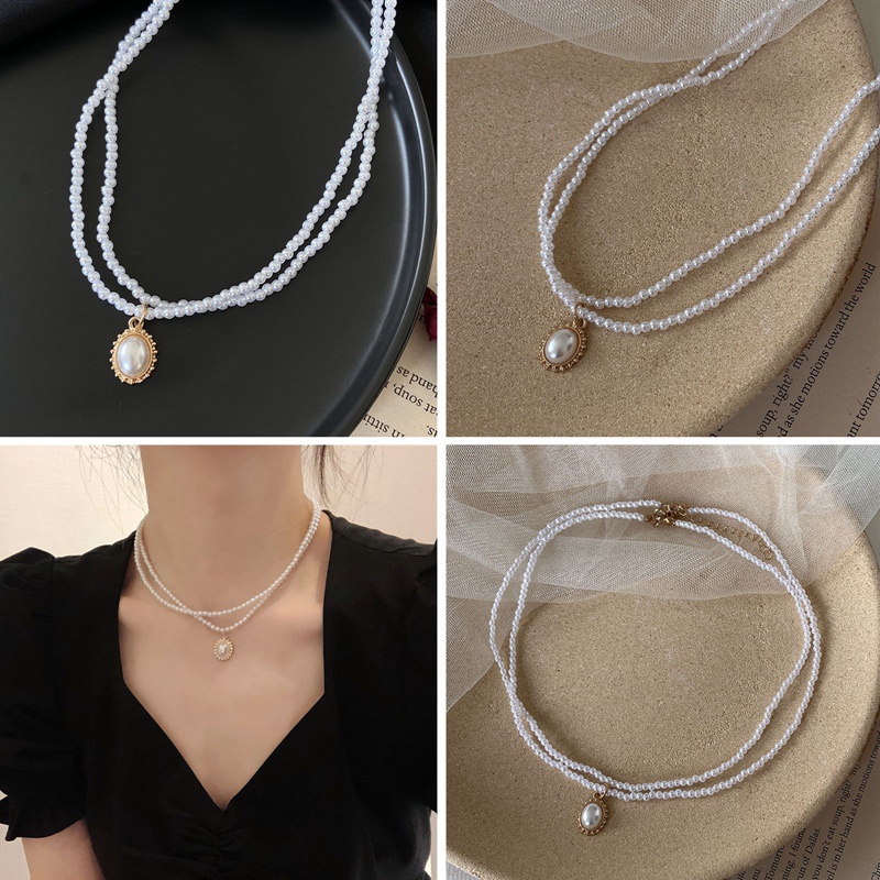 Choker Rantai Klavikula Kalung Mutiara Ganda Vintage Untuk Wanita