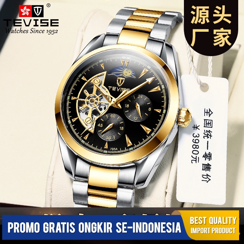 Jam Tangan Pria Swiss Tevise Tevise  Otomatis Mekanis Watch Moon Phase Baja TikTok   SamaRS Import B