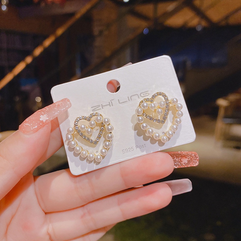 Baru Manis Berlian Imitasi Mutiara Double Heart Stud Earrings Untuk Wanita Gadis Fashion Lucu Perhiasan Pesta Korea Cinta Anting Hadiah