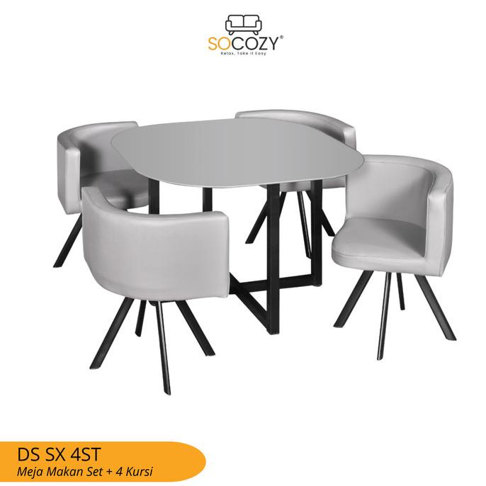 MEJA MAKAN MINIMALIS TEMPERED GLASS MODEL UNIK HEMAT TEMPAT + 4 KURSI YJ6455YHJ