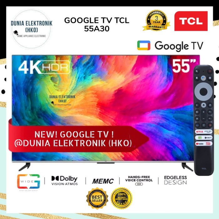 LED TV TCL 55A30 A30 GOOGLE TV 55 INCH 55" SMART TV 55 INCH 4K UHD WCG