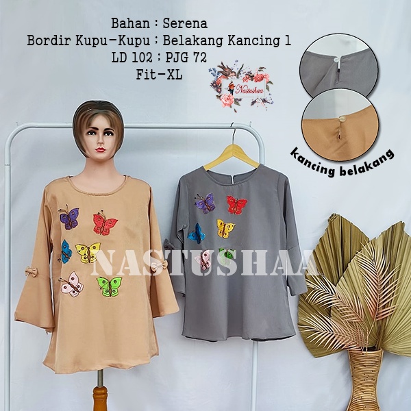 Baju Atasan Wanita Blouse Butterfly Lengan Terompet 7/8 Cantik Warna Polos Bordir Asli Motif Kupu-Kupu Top Wanita Dewasa