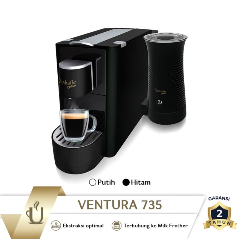 Unakaffe System Coffe Capsule Machine - Mesin Kopi Kapsul Ventura 735 Hitam + Milk Frother