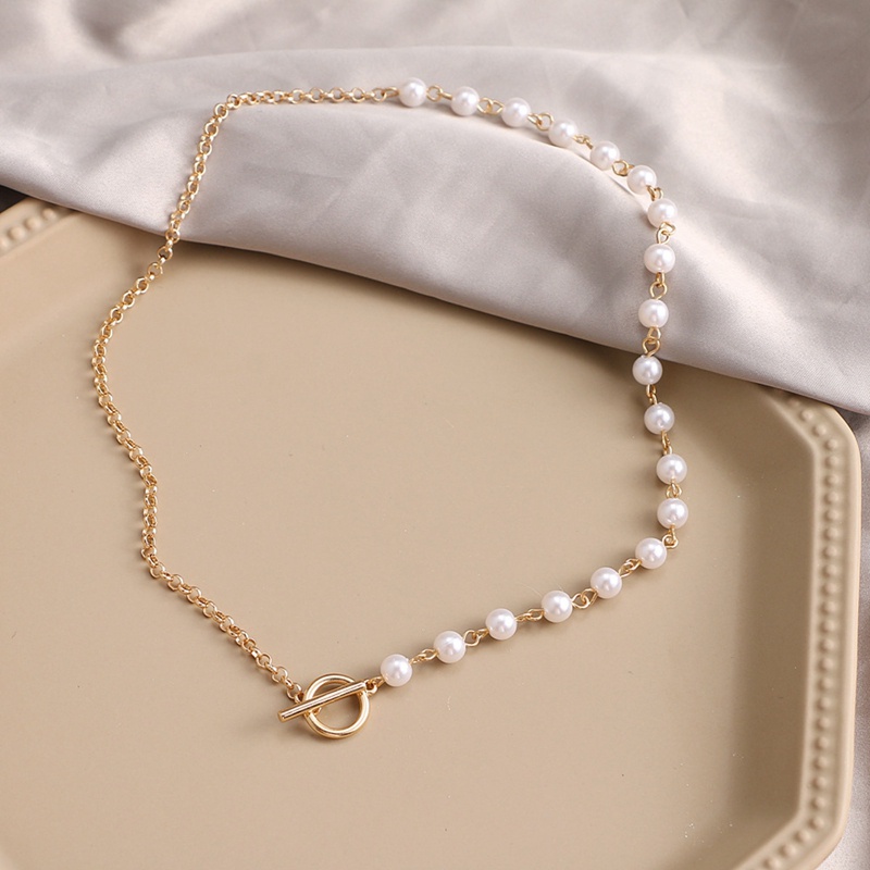 Ins Fashion Kalung Rantai Mutiara Wanita Warna Emas OT Gesper Alloy Bead Chain Necklace Untuk Wanita Pesta Perhiasan Hadiah