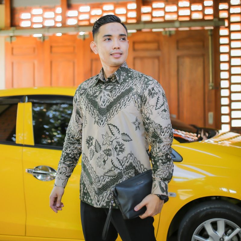 Kemeja Batik Pria Lengan Panjang Lapis Furing BUNGA KAWUNG HIJAU