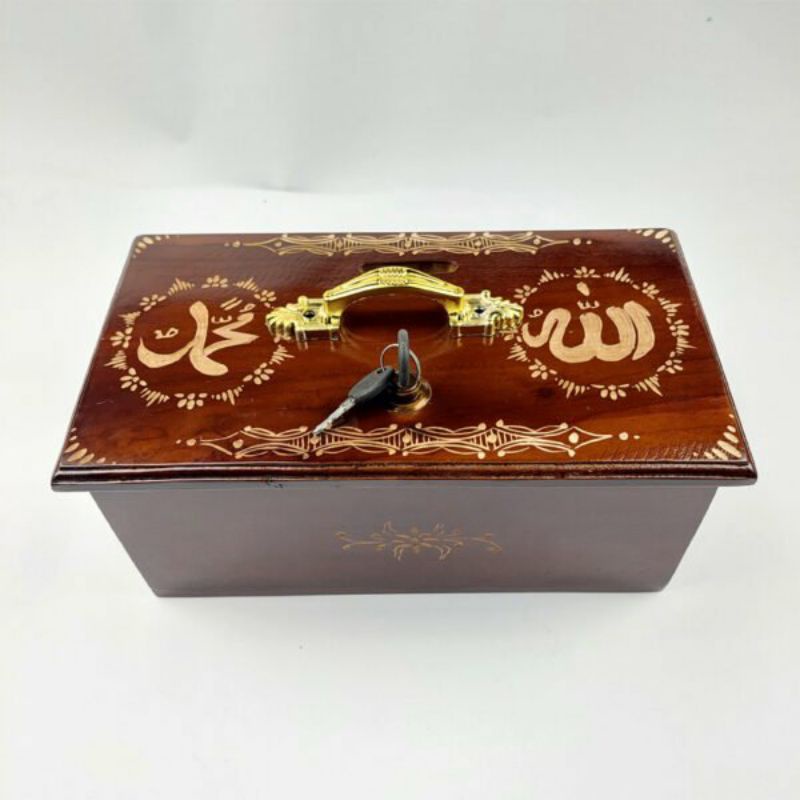 Kotak Amal Celengan Ukiran Lafadz Kayu Jati - Kotak Penyimpanan Uang Kayu Jati Ukir Cukit Klasik Ant