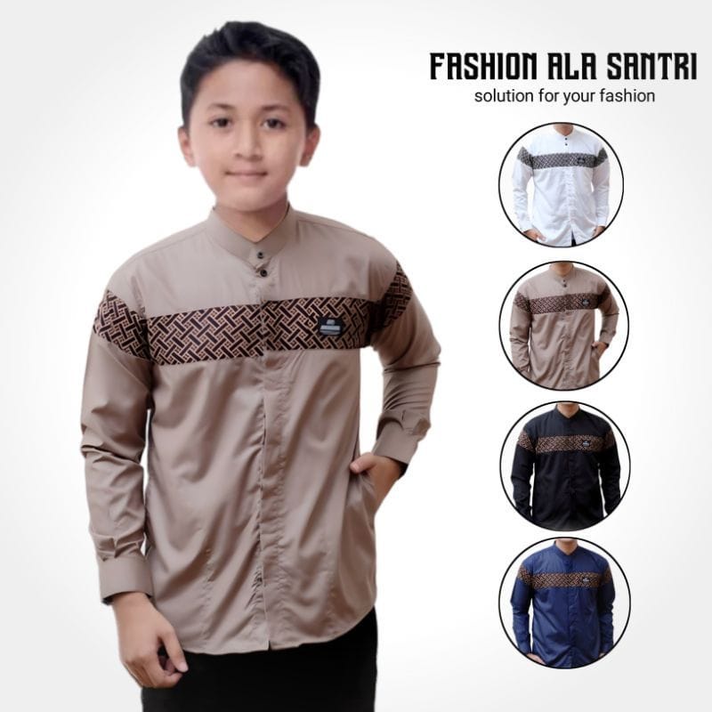 Baju Koko Anak Laki-Laki Remaja Usia 7-15Th Koko Gus Azmi Koko Anak Laki-Laki Lengan Panjang Batik Coklat Abu-Abu Putih Baju Muslim Anak Toyobo Premium Navy