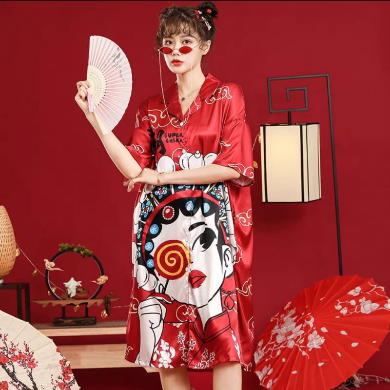 0413 Fashion Baju piyama terusan daster homewer homewear full kancing depan lengan pendek rumahan gr