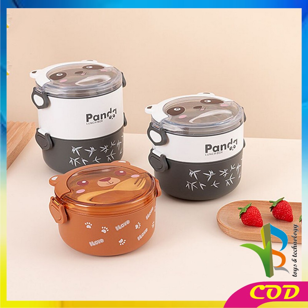 RB-C690 Tempat Makan Lunch Box Set Bulat 2 Tingkat Motif Panda Beruang Lucu Dengan Sendok / Kotak Bekal Anti Tumpah Portable Set BPA FREE