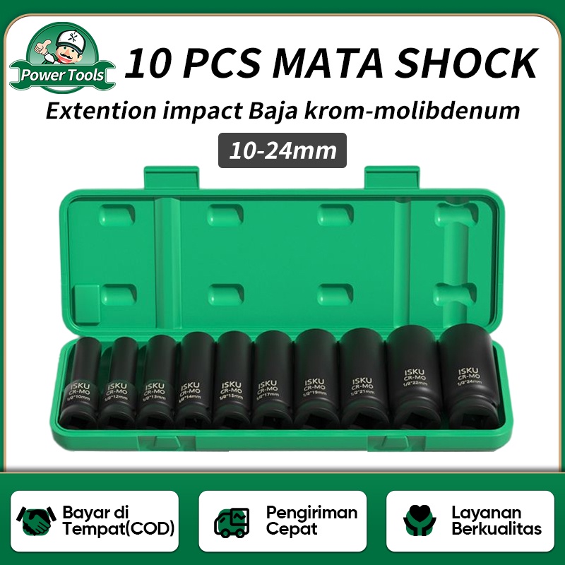 ISKU Kunci Mata Sock Set 10 pcs 1/2 Krom-Molibenum Extention Impact Shock 10-24mm Set Drive Socket Set