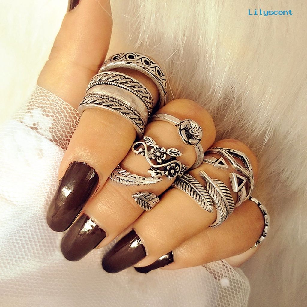 [LS]9Pcs Stackable Knuckle Rings Hollow Keluar Bunga Daun Wanita Vintage Jari Cincin Perhiasan Aksesoris