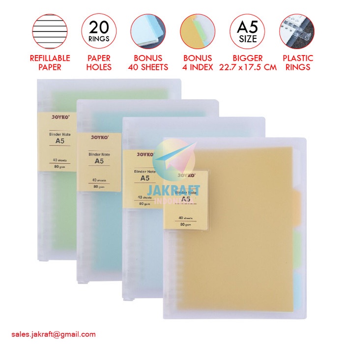 

BINDER NOTE TRANSPARAN A5-TP-P144 JOYKO 20 RING + BONUS INDEX & KERTAS