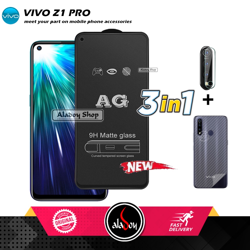 Paket 3IN1 Tempered Glass Layar Matte Anti Glare VIVO Z1 PRO Free Tempered Glass Camera dan Skin Carbon