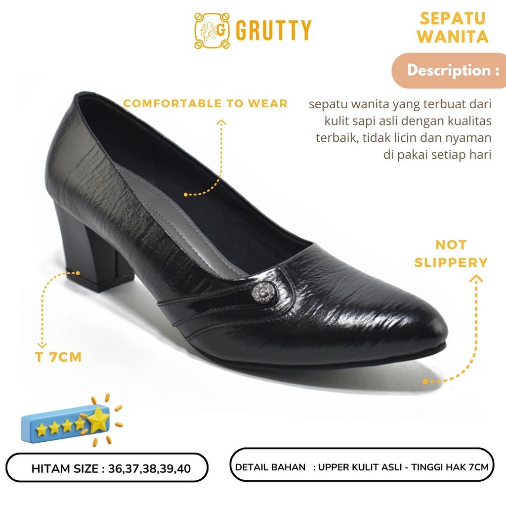 Grutty Sepatu Pantofel Wanita 7 Cm Hitam Polos Formal Guru Sekolah Kantor Kerja Shabita Hitam