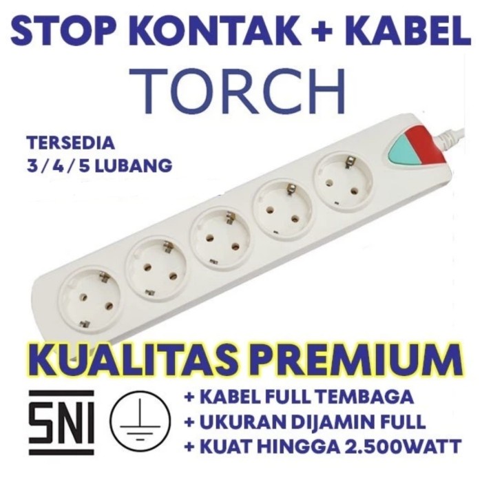 FREE ONGKIR !! TORCH PREMIUM Stop Kontak Arde Kuningan+Kabel 3 Meter 3/4/5 Lubang