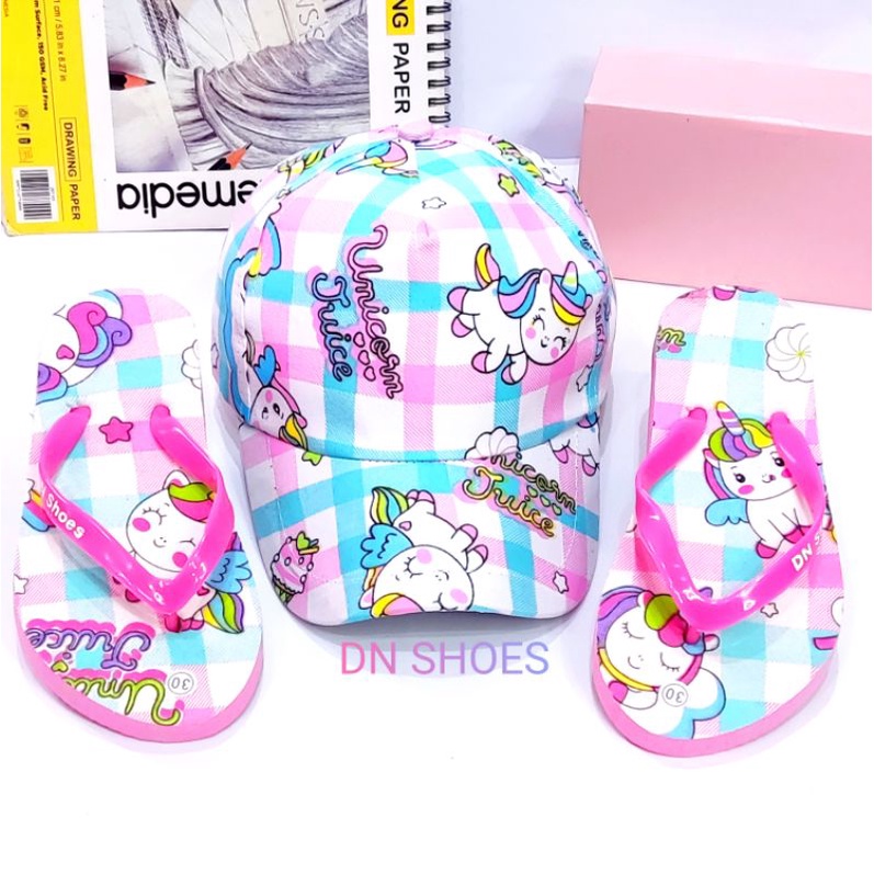 Paket Sandal Anak dan Topi Anak Perempuan Sandal Jepit Anak Topi Anak Karakter Unicorn Juice Pink Lucu