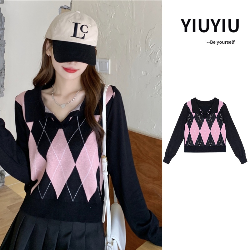 YIU YIU Rajut - Atasan Wanita Lengan Panjang Korea Style Kotak-kotak V-neck Sweater Knit Import Premium