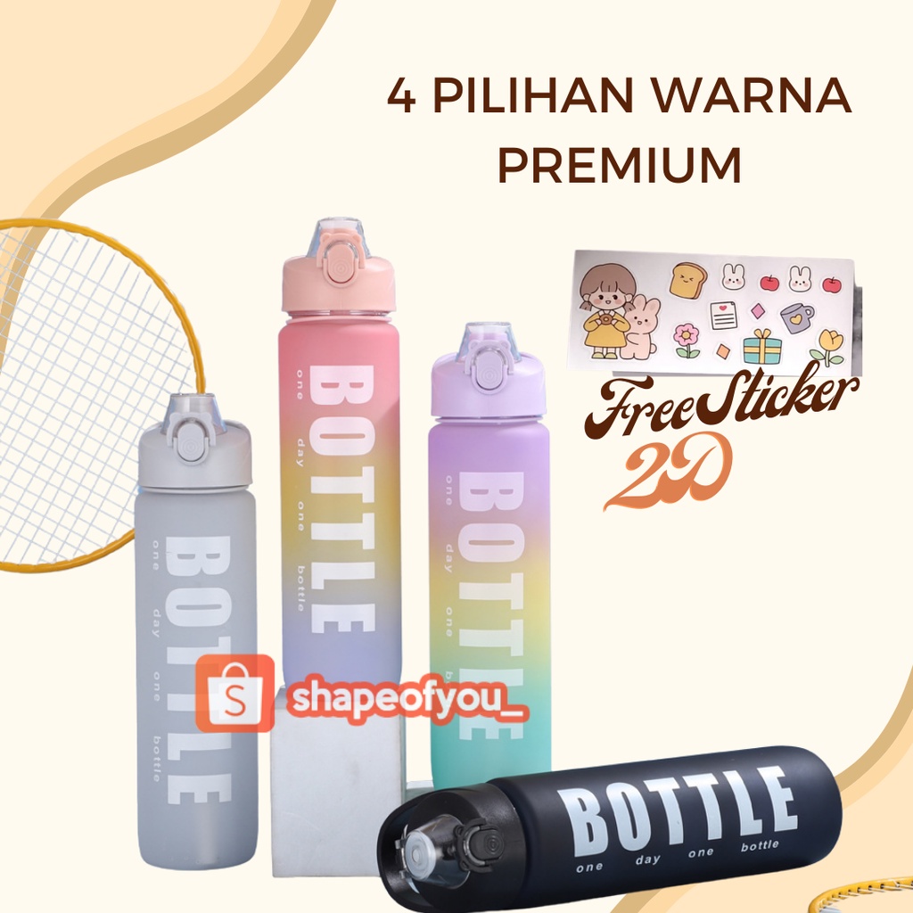 Botol Minum 1 Liter New Botol Viral Rainbow Korea Sporty Free Sticker 2D Premium Sedotan Tali Strap Hitam Pink