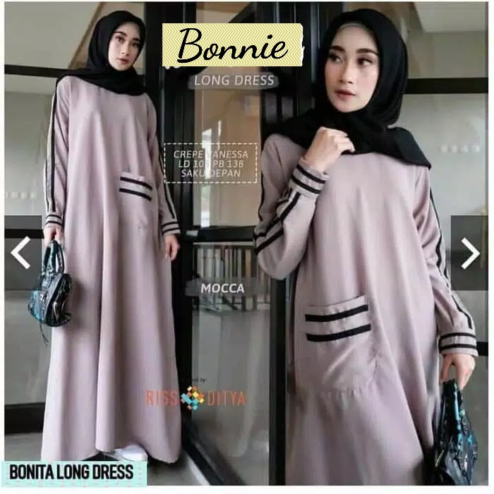 Bonnie - Bisa COD Baju Gamis Wanita Long Dress Maxy Maxi Panjang Kekinian Saku Kantong Depan Warna P