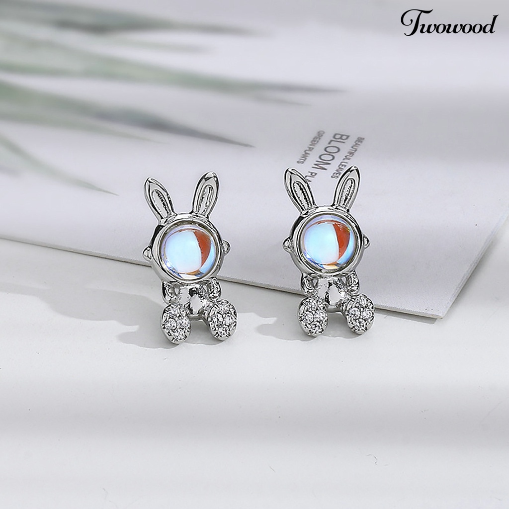 Twowood 1pasang Ear Studs Faux Moonstone Mini Bawa Keberuntungan Bling Berlian Imitasi Kelinci Bunny Wanita Anting Perhiasan Aksesoris